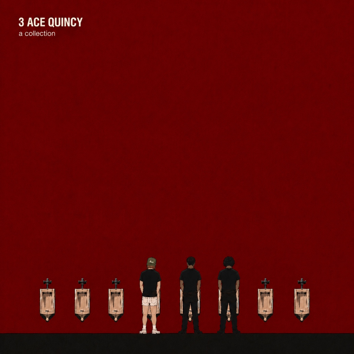 3 Ace Quincy — A Collection: three figures at a rest-stop bathroom urinal wall, deep red